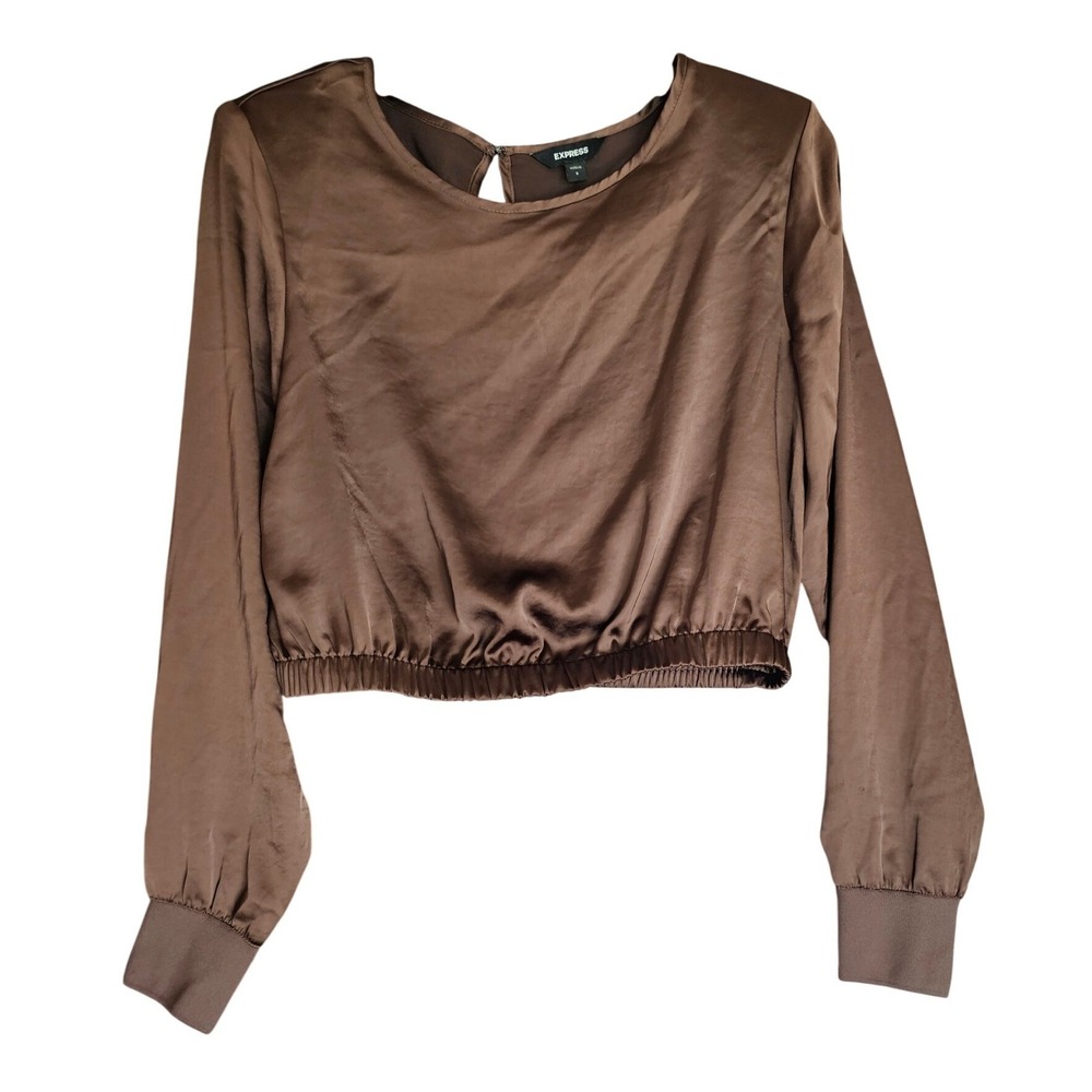 Express Womens Chocolate Brown Satin Long Sleeve Cropped Blouse Small 008657740